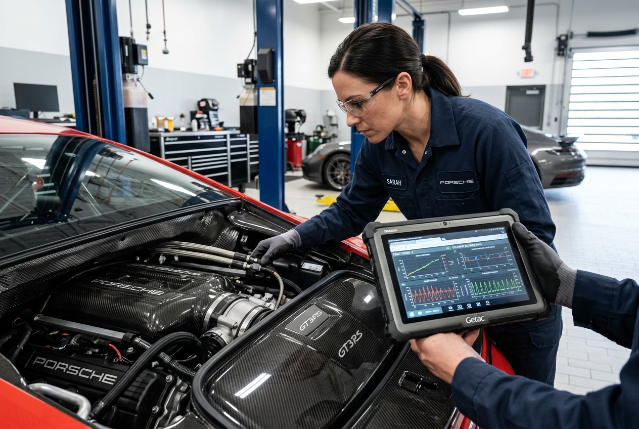 Mechanic examining carbon fiber engine bay with tablet diagnostics