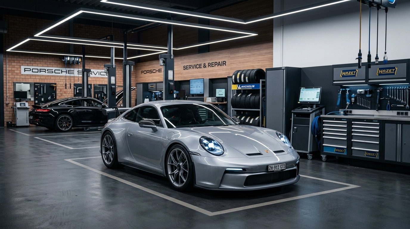 German sports car inside high-tech workshop